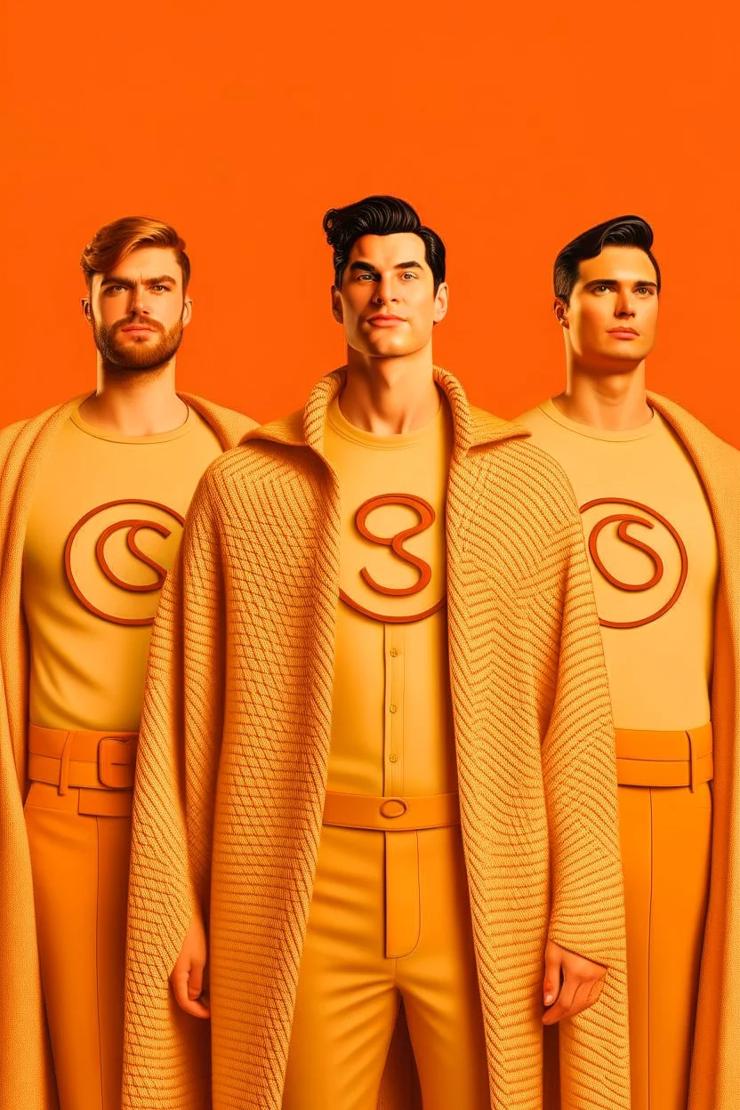 three men in different Vogue Superman's big emblem clothing, beige tones, fashion plates, outfits, modern designs, deconstructed tailoring, rendered in cinema4d –q 2 –ar 3:5