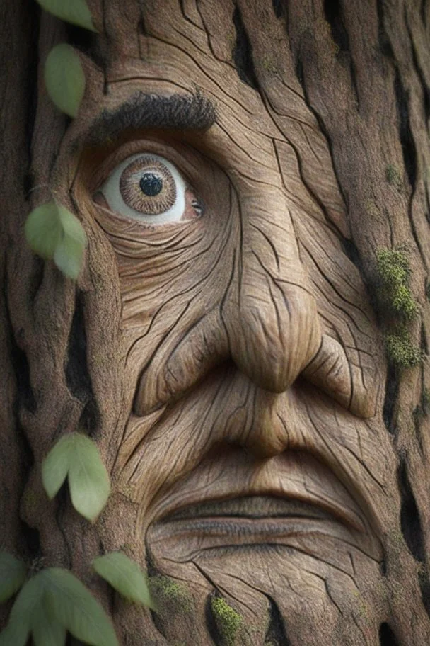 Hyper realistic face on a tree