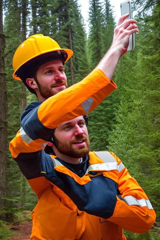 Red vested TF2 engineer with yellow hardhat taking a selfie at the forest