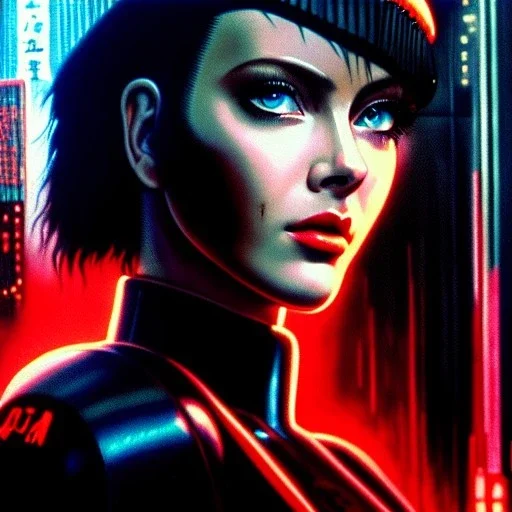 fullbody portrait in oil on canvas ,beautiful female robot, ominous, intense stare, sad eyes, post-apocalyptic in a cyberpunk city, akira bike, ghost in the shell, BladeRunner movie poster, masterpiece, realistic, intricate detail, sci-fi fantasy style, volumetric lighting, particles, highly detailed ,cinamatic , deep colours,8k, by Caravaggio