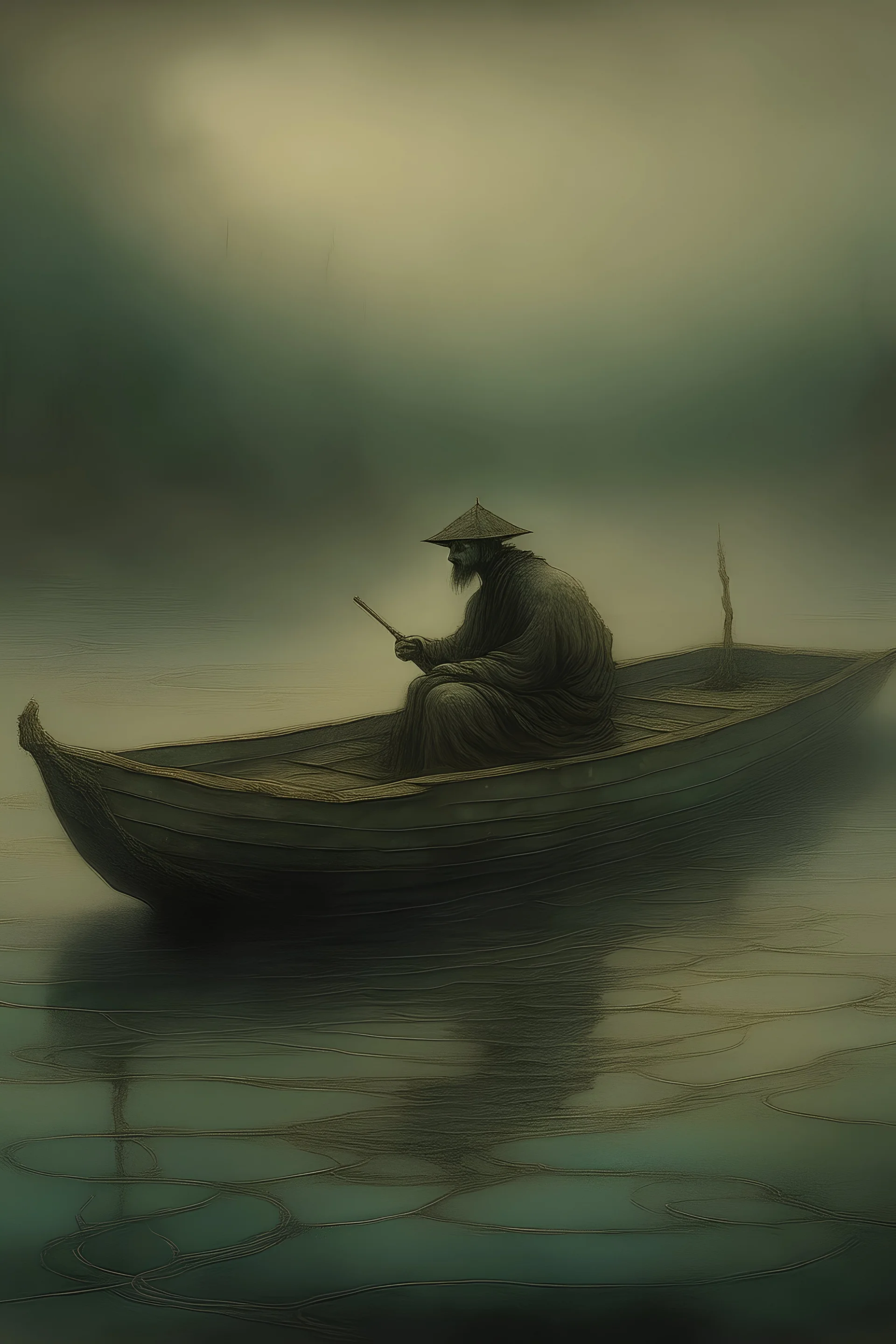 Человек в лодке стящий в тумане в в стиле Бексиньский