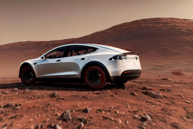 A Tesla 'Model Y' is racing at top speed, at the Cydonia region on Mars. (CINEMATIC, WIDE ANGLE LENS, PHOTO REAL)