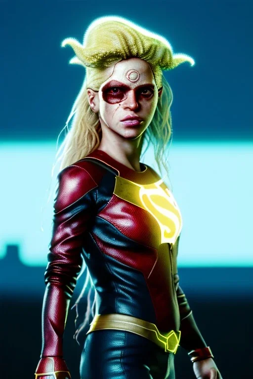 portrait, Shakira, blonde, angry, Realistic image, superhero, watchmen style, gold make-up, blood, sweat, fog, goddess style, Neon colors, leds. Black background, photo studio, concept art, smooth, unreal engine 5, god lights, ray tracing, RTX, lumen lighting, ultra detail, volumetric lighting, 3d, finely drawn, high definition, 4k.