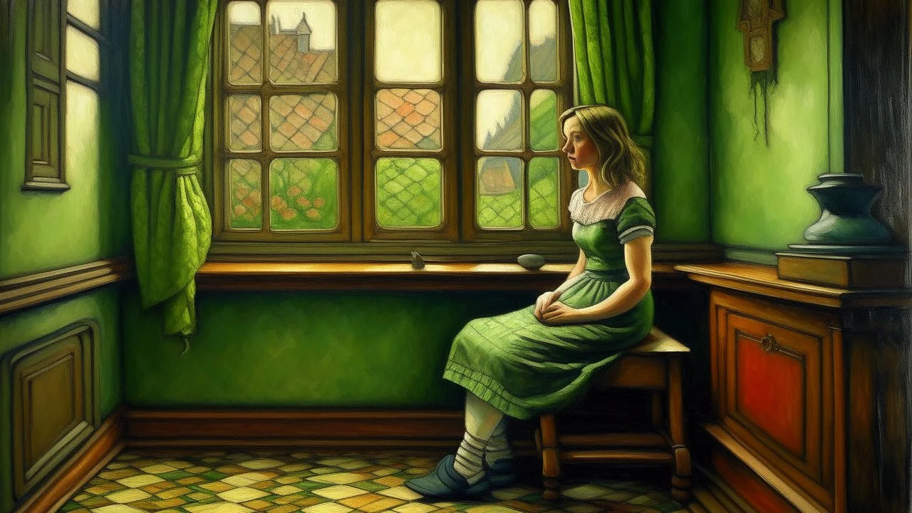 Pintura figurativa. Estilo: art nouveau tardío. Una mujer adulta sentada en un alféizar con las piernas recogidas, en un interior holandés con suelo ajedrezado, con luz verdosa de interior. Pintura al óleo de museo, figura femenina solitaria, tratamiento artístico no explícito.