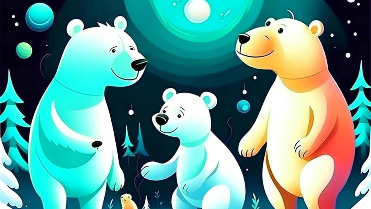 fantasy cartoon illustration: polar bear, Artic white fox and reindeer are looking Norther lights during Christmas party