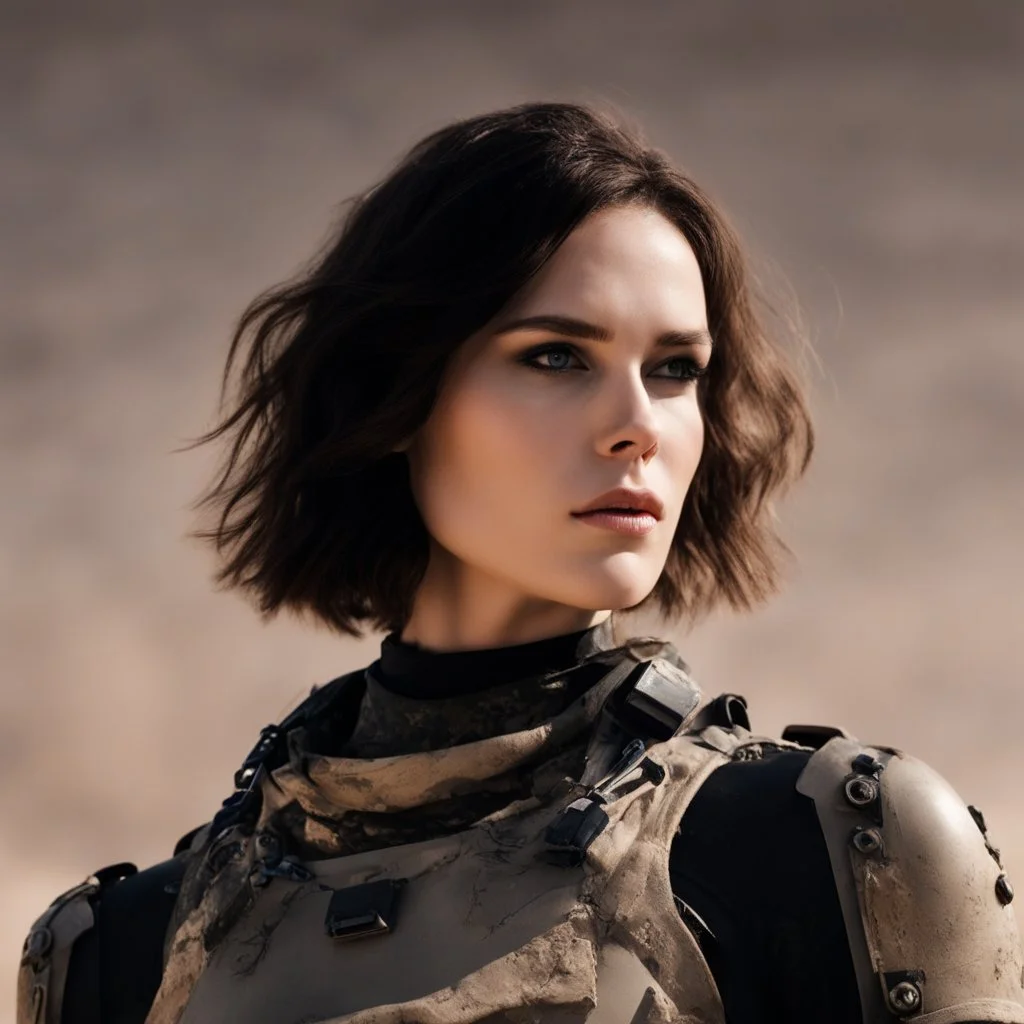 beautiful sexy caucasian female soldier, black metal body and limbs, visible cybernetic limbs, scratched sand camo, no armor, short brunette wavy bob haircut, dystopian, desert scene