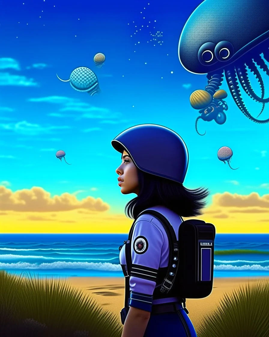 Photorealistic slim woman with black hair in a space suit, looking out over a sandy beach next to a sea, with tall, narrow cloud trees and flying mushrooms with octopus tentacles