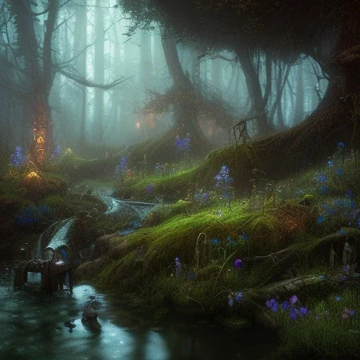 Dark fantasy concept art, dynamic lighting, Intricately detailed, Splash screen art, deep color, Unreal Engine, volumetric lighting, blue flowers, moss, leather, creek, pond, fantasy dark forest artwork,