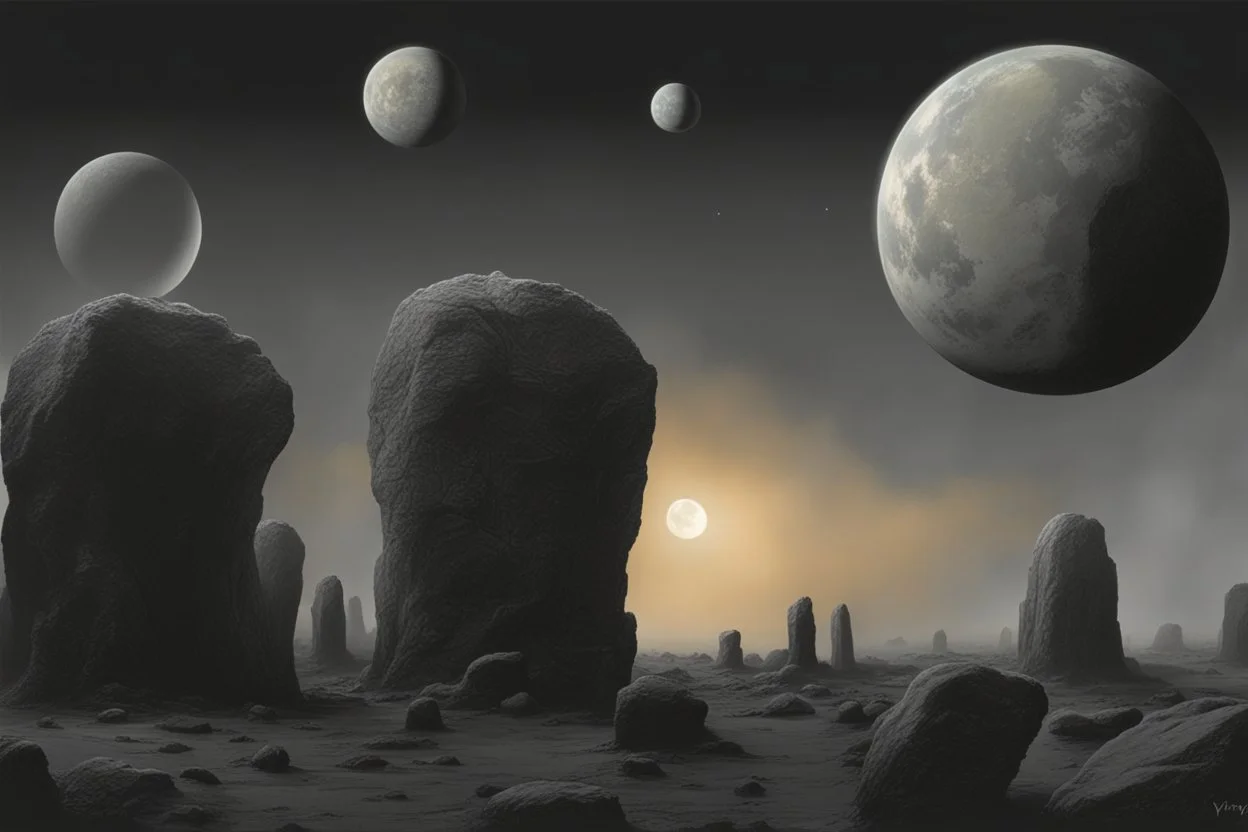 Grey sky with one planet in the horizon, rocks, sci-fi, 2000's sci-fi movies influence, rodolphe wytsman and friedrich eckenfelder impressionism paintings