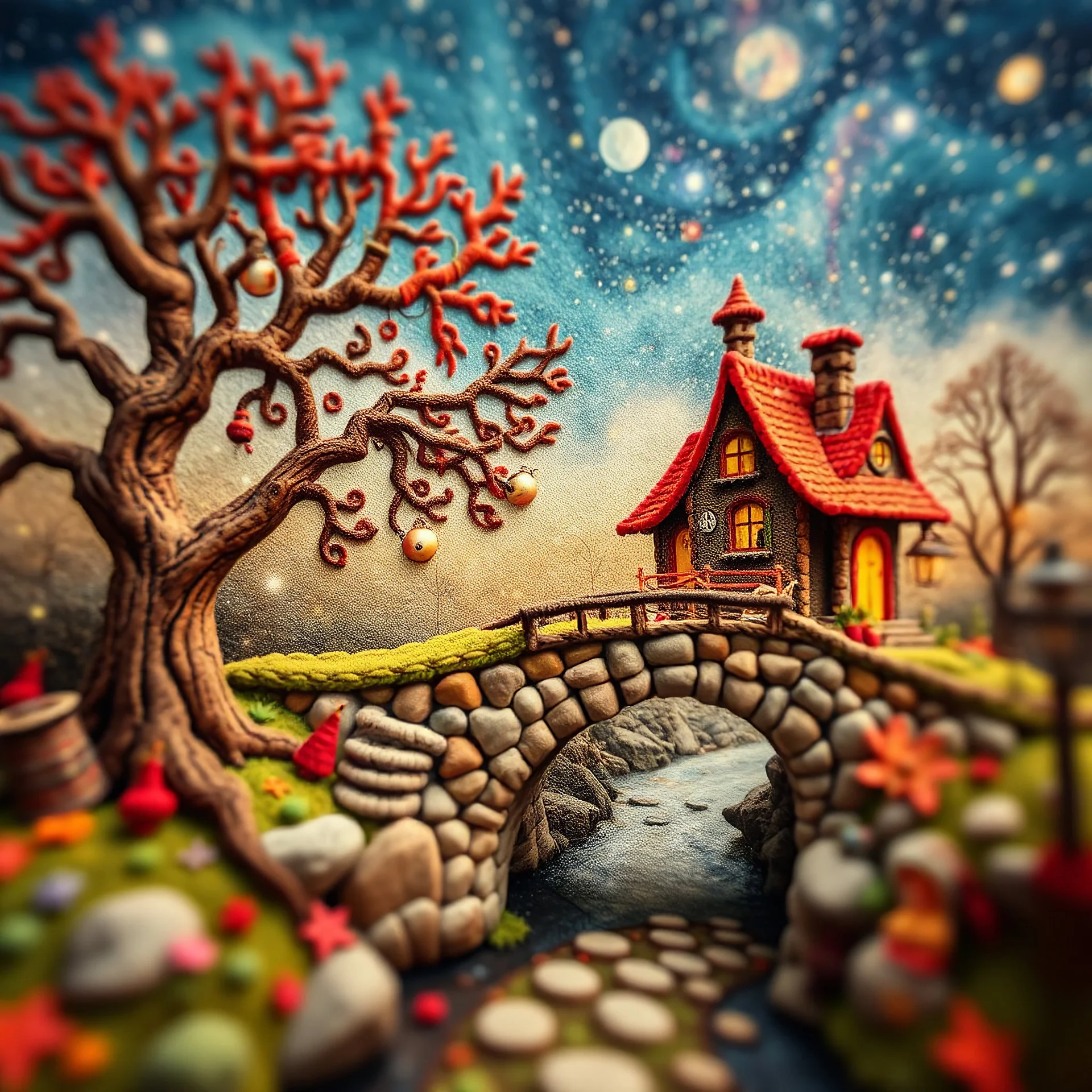 Photograph hasselblad h6d400c --ar 85:128 --v 6.0 of a fairy old bridge, tree, old bewitched house, made of felt, art, 3d deep field, light tiltshift, wide angle landscape scene, galaxies, creepy, Max Ernst, needlepoint, abstract silhoutte, expressionist style, colorful holiday