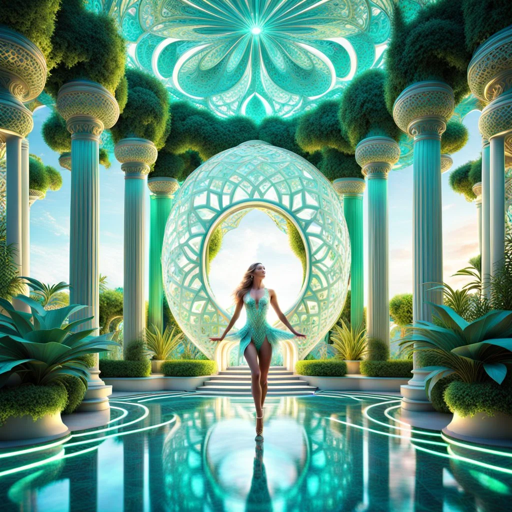 3D fractal recursive art of dancer girls in a futuristic magical villa garden. Intricate, detailed, dreamlike, fantastical, surreal, volumetric, layered, geometric patterns. Ethereal, shimmering, otherworldly. Elegant, graceful dancers in motion, surrounded by lush, verdant vegetation, ornate architecture, and glowing, luminescent elements. Vibrant, saturated colors. Mystical, sci-fi, utopian atmosphere