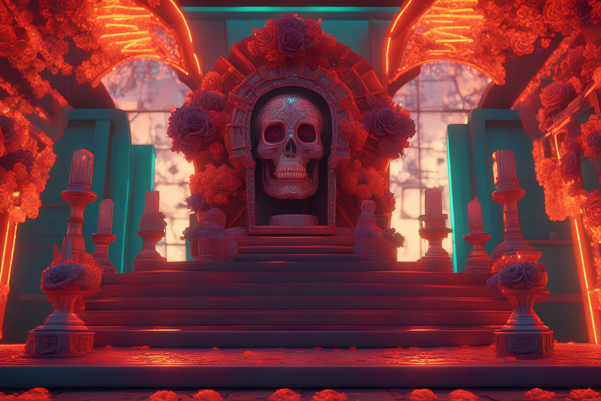 Cyberpunk Day of the Dead 3D illustration of Altars are a very Mexican and Latin way of honoring those that have passed away, Cyberpunk glow glowing illustration neon artificial technology beauty cyber, smooth 3D digital art, exquisite 3D rendering, 4K, blender, c4d, octane rendering, 3D Disney style lighting, Zbrush sculpting, highly detailed realistic fabric, concept art, high detail Zbrush
