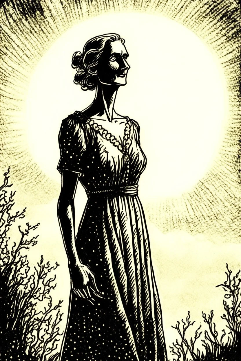 A hauntingly beautiful ink drawing of a woman in a summer dress, her face illuminated by the sun's rays.