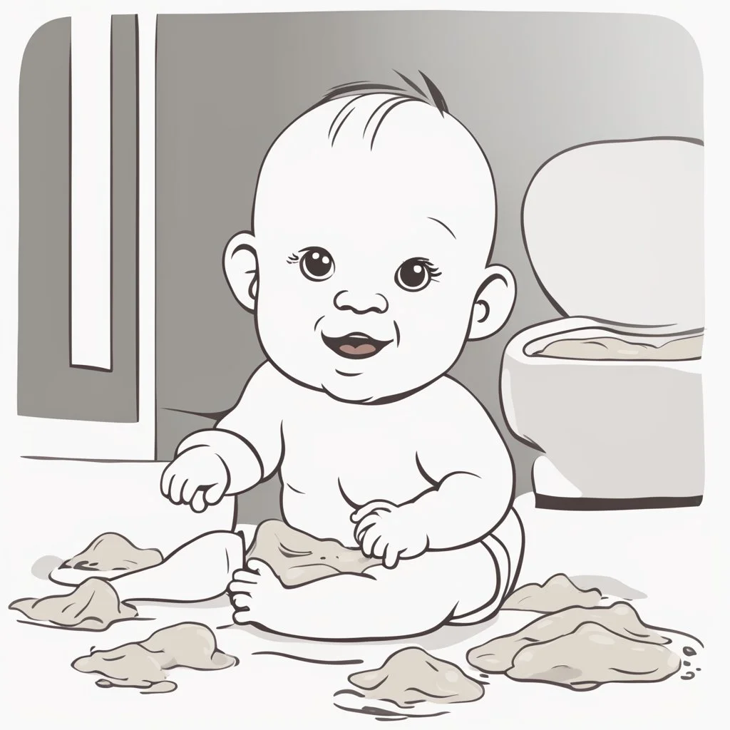 Please create a simple illustration of a baby with a noticeably full diaper. The baby is playing with poop. The background should be white.