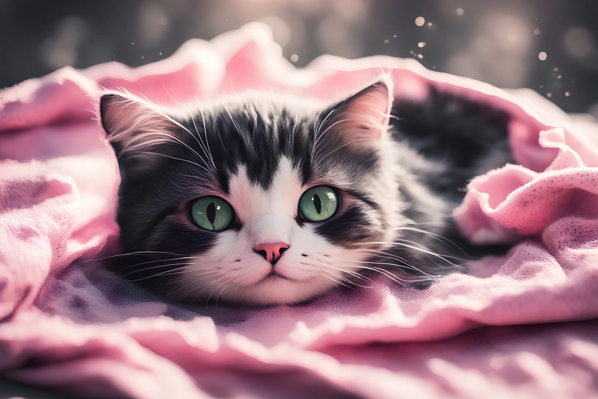 double exposure, merged layers, painted and burned burlap, cute chibi anime black and white cat lying on a pink blanket, melting watercolor and black ink outlines on wet paper, soft, shading strokes, in sunshine, ethereal, otherwordly, cinematic postprocessing, bokeh, dof