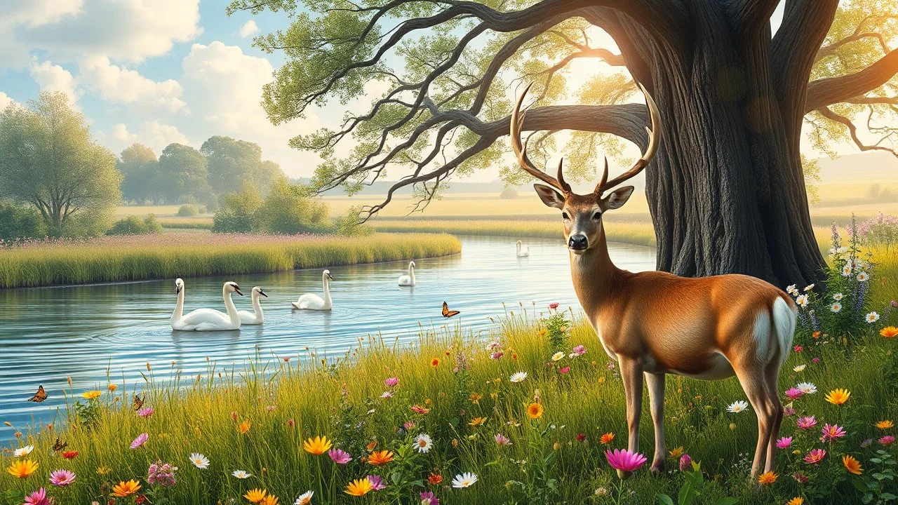 a beautiful river in country side and big tree,wild flowers and swans in river 2 pretty Deer with horns in plants,butterflies around flowers,heaven escape
