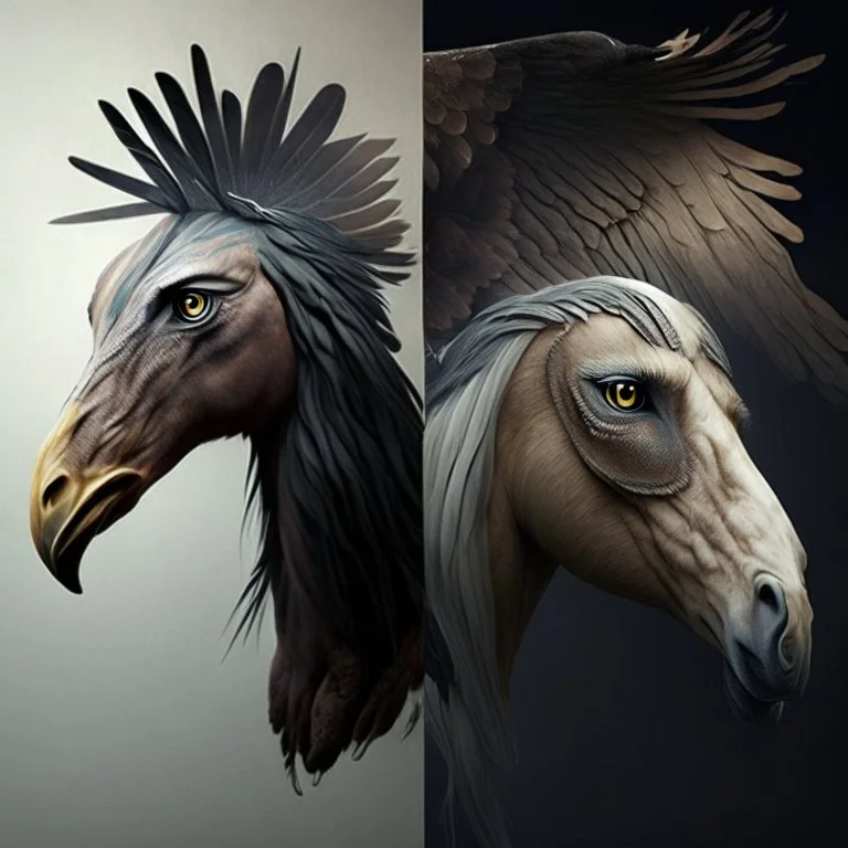 A creature with a combination of an eagle's head and a horse's body,A creature with a combination of eagle and human head