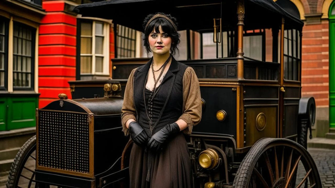 body portrait of a gothic woman with a black bob with a full fringe hairstyle, dressed in brown leather trousers, waistcoat, and gloves, in a Victorian street next to a steam carriage, full colour