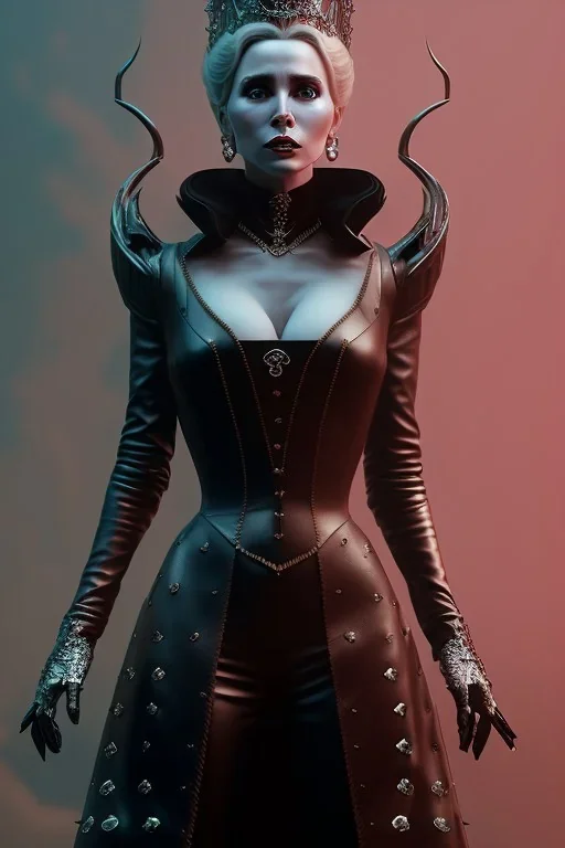 Constance Langdon as evil queen in black leather, leather, busty, cleavage, angry, stern look. character design by cory loftis, fenghua zhong, ryohei hase, ismail inceoglu and ruan jia. unreal engine 5, artistic lighting, highly detailed, photorealistic, fantasy