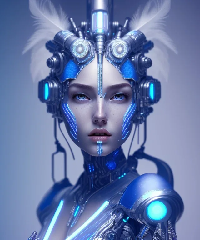 A beautiful portrait of a cute cyborg woman blue color scheme, high key lighting, volumetric light high details with white stripes and feathers and indian paterns and wimgs