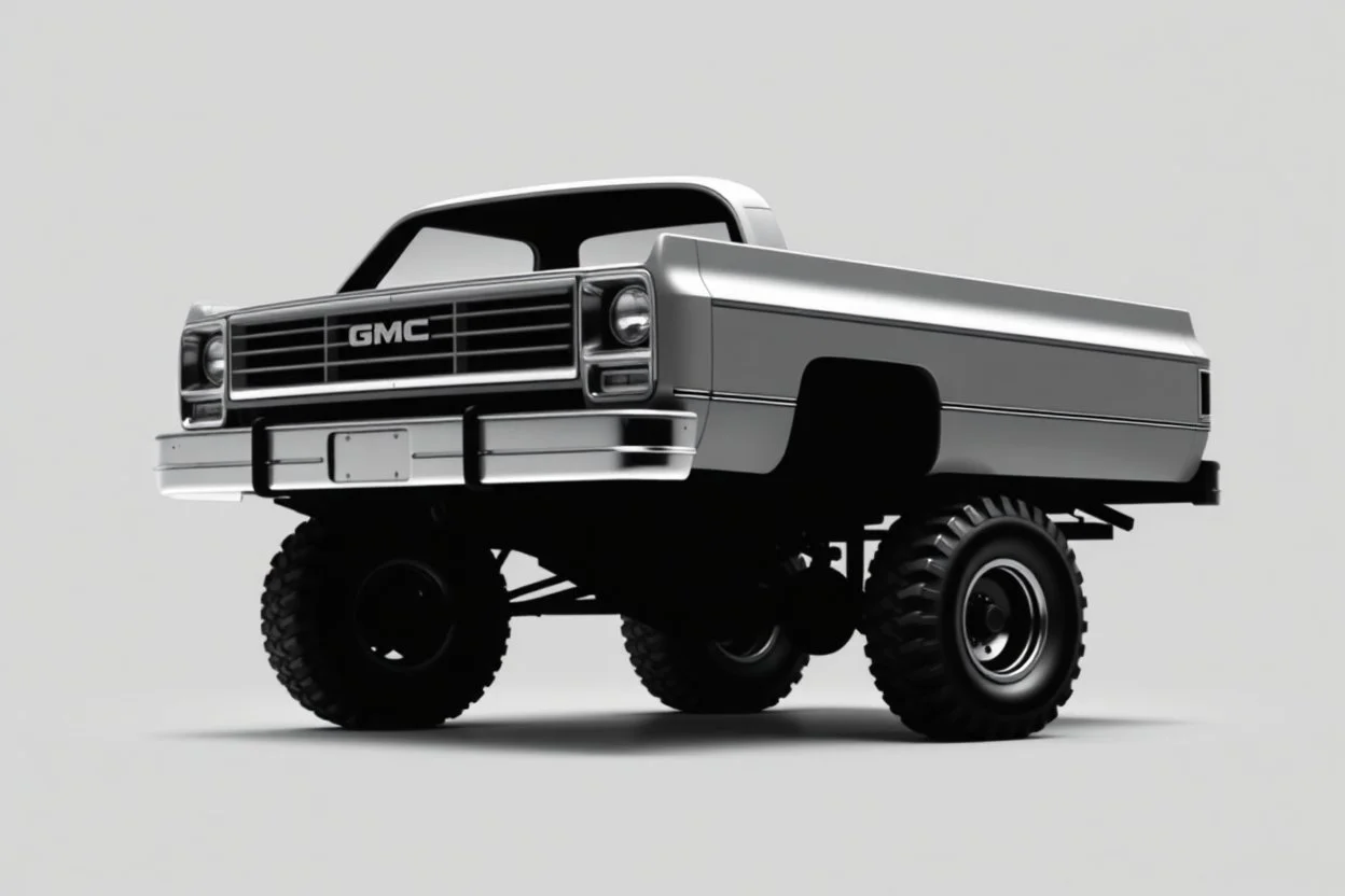 front corner 1973 GMC square body truck(lifted) facing to viewer's left, gray background, high contrast black and white vector