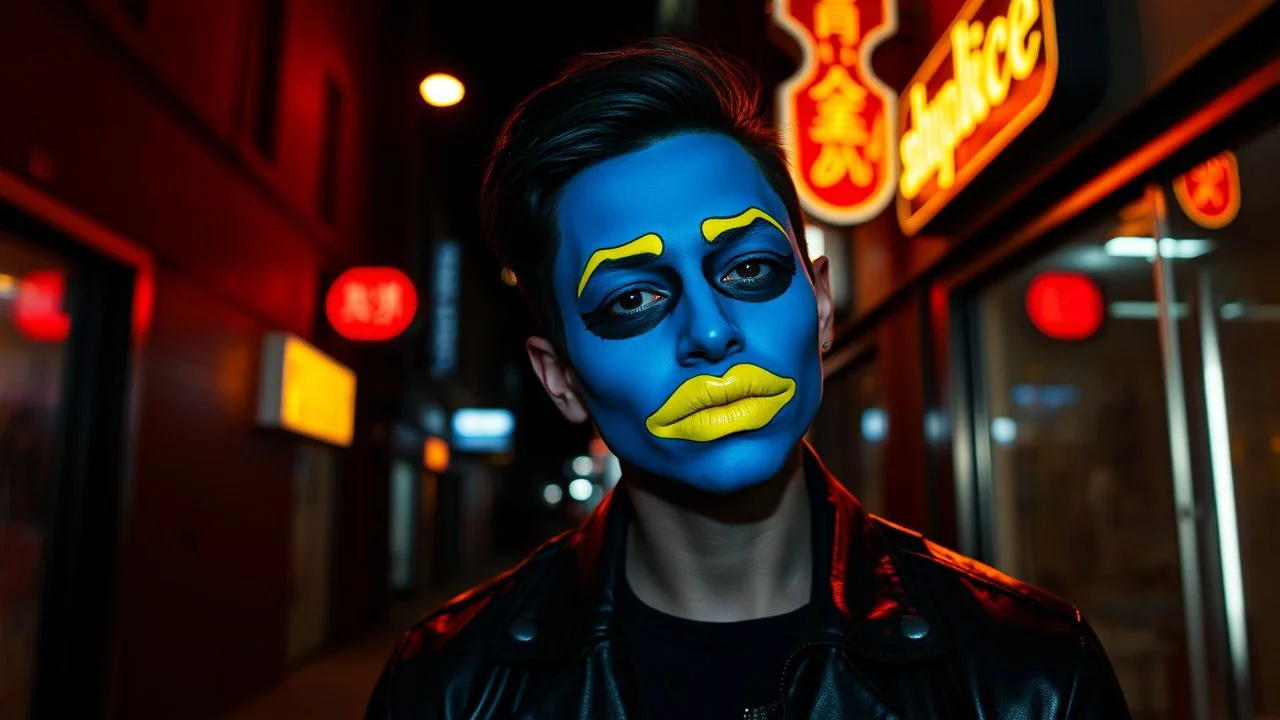 A person with a blue painted face and bright yellow lemon-shaped lips, standing in a dark alleyway at night, illuminated by neon signs, wearing a black leather jacket.