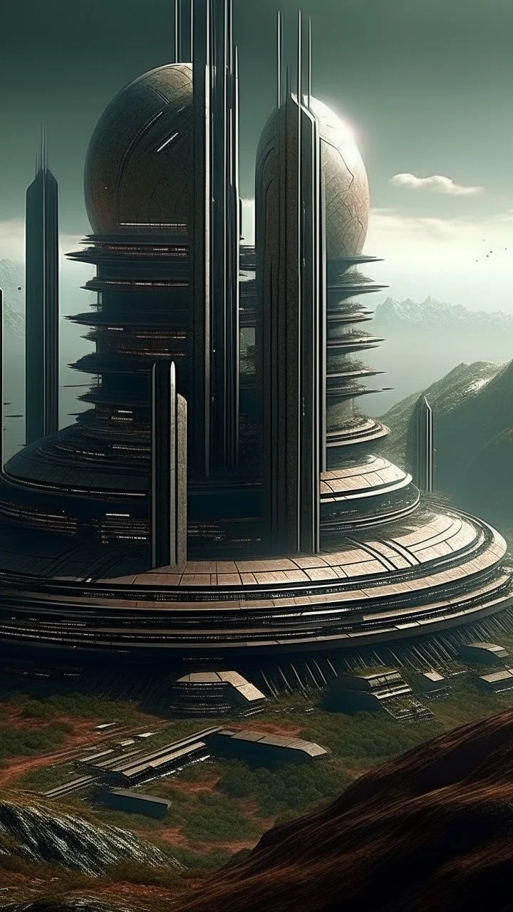 sci fi planet, large futuristic city, brutalist modernism