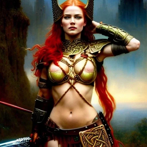 portrait 'beautiful Sexy busty Redhead Sif',Braids,horned helmet, celtic tattoed,painting by gaston bussiere, greg rutkowski, yoji shinkawa, yoshitaka amano, tsutomu nihei, donato giancola, tim hildebrandt, oil on canvas, cinematic composition, extreme detail,fit full head inside picture,32k