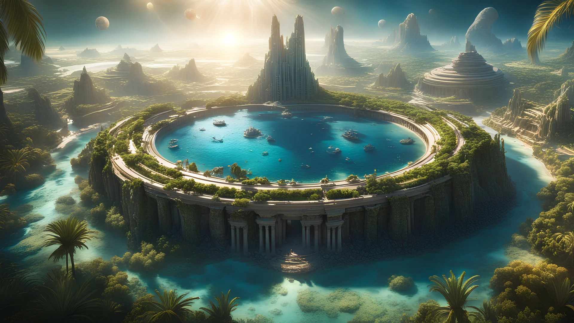 This 8K high-definition image depicts the scene of Atlantis. Rich architecture and vegetation adorn its surface, while iconic ring-shaped structures are distributed across the landscape, showcasing the prosperity of an advanced civilization. The interplay of light and shadow highlights intricate details, creating a mysterious and grandiose portrayal that invites contemplation of the splendor of this civilization. Bright rich colors and gold, grand in scale highly detailed