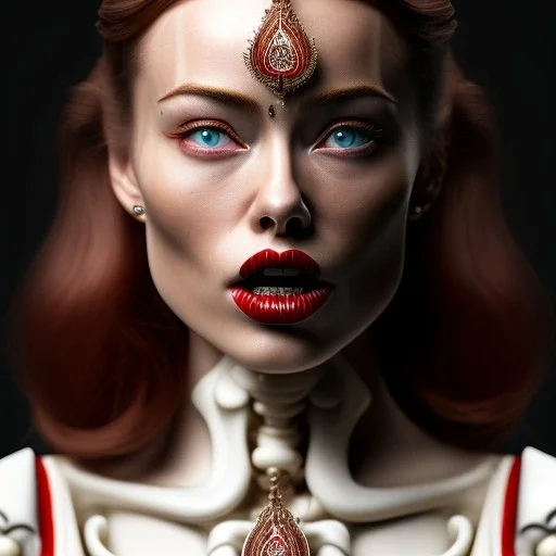 pale woman with gagball in mouth, covered with blood, olivia wilde face!!!, red hair, skeleton tattoo!, ultra realistic, concept art, intricate details, highly detailed, 4 5 mm. photorealistic, octane render, 8 k, unreal engine. film still, heavy grain, 3 5 mm, art by artgerm and greg rutkowski and alphonse mucha