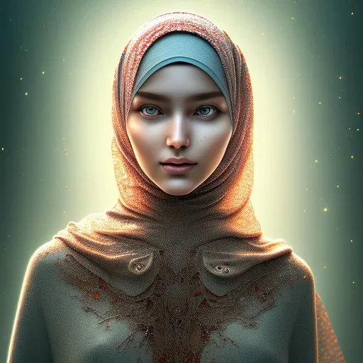 close up portrait of woman in hijab, fine detail, highly intricate, modern surrealism painting, defined cracks and breaks, high-quality, volumetric lighting, 8k, ultrahd, George Grie, Marco Escobedo, Igor Morski,Brian Froud, Howard Lyon, Selina French,