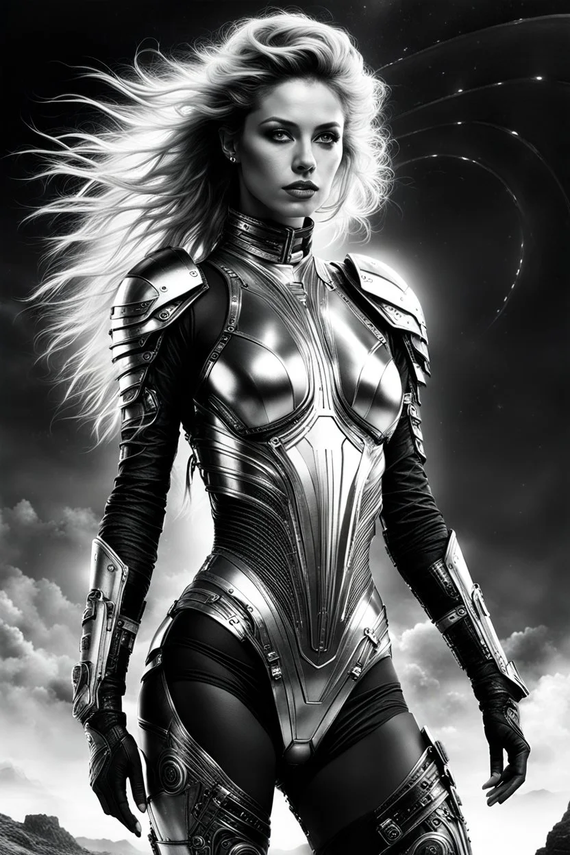 Generate an 16k image of a futuristic Hollywood superstar with android features, inspired by Luis Royo's art, wearing a metallic exosuit.In black and white,