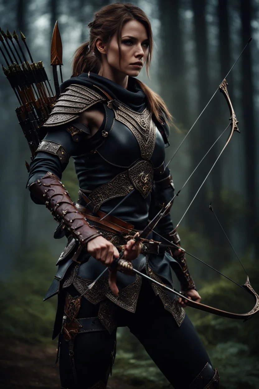 female warrior aiming a bow and arrow wearing leather half armour dark fantasy Realistic 4k