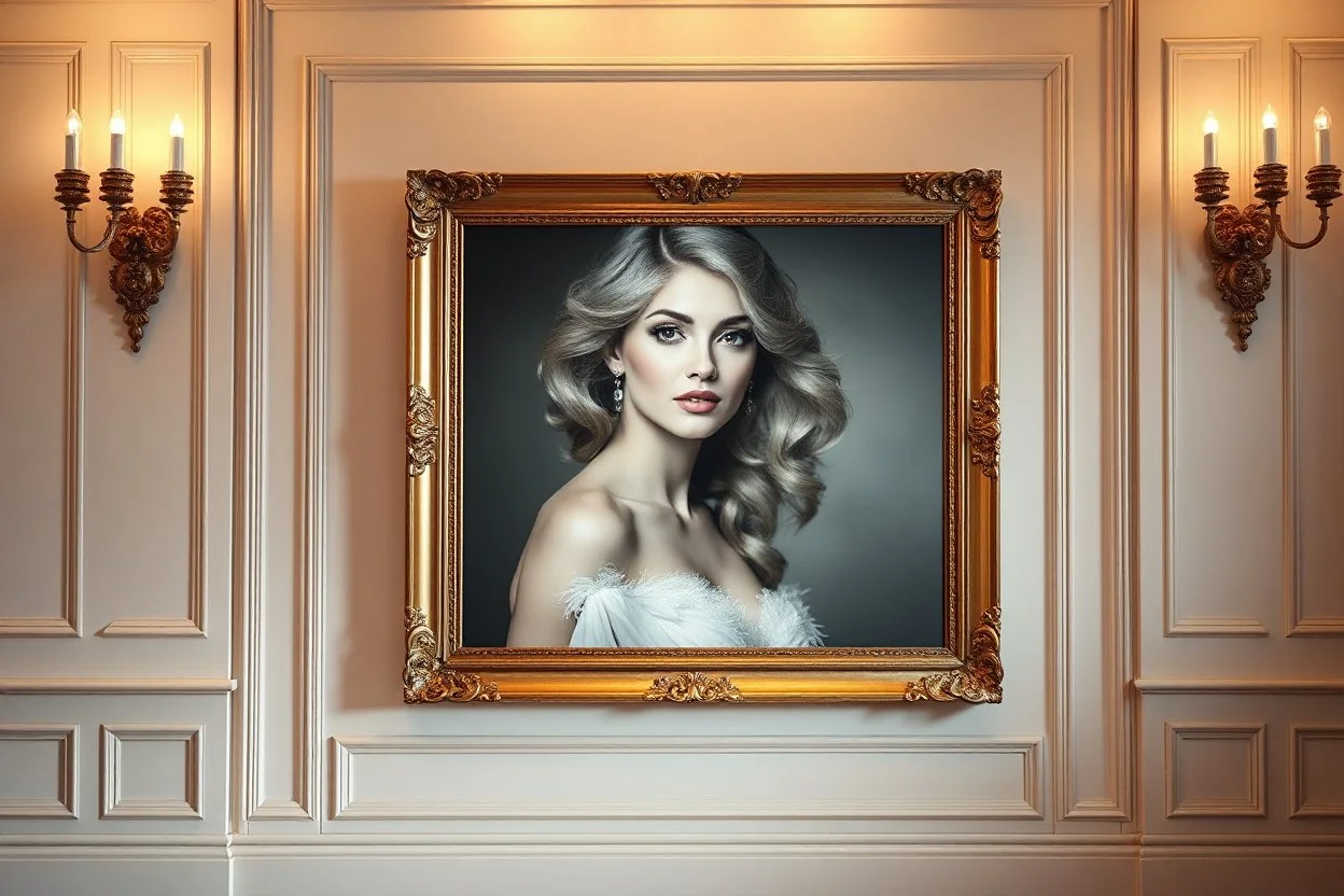 a very beautiful lady photo in pretty frame hanging a wall in a luxury galery stage