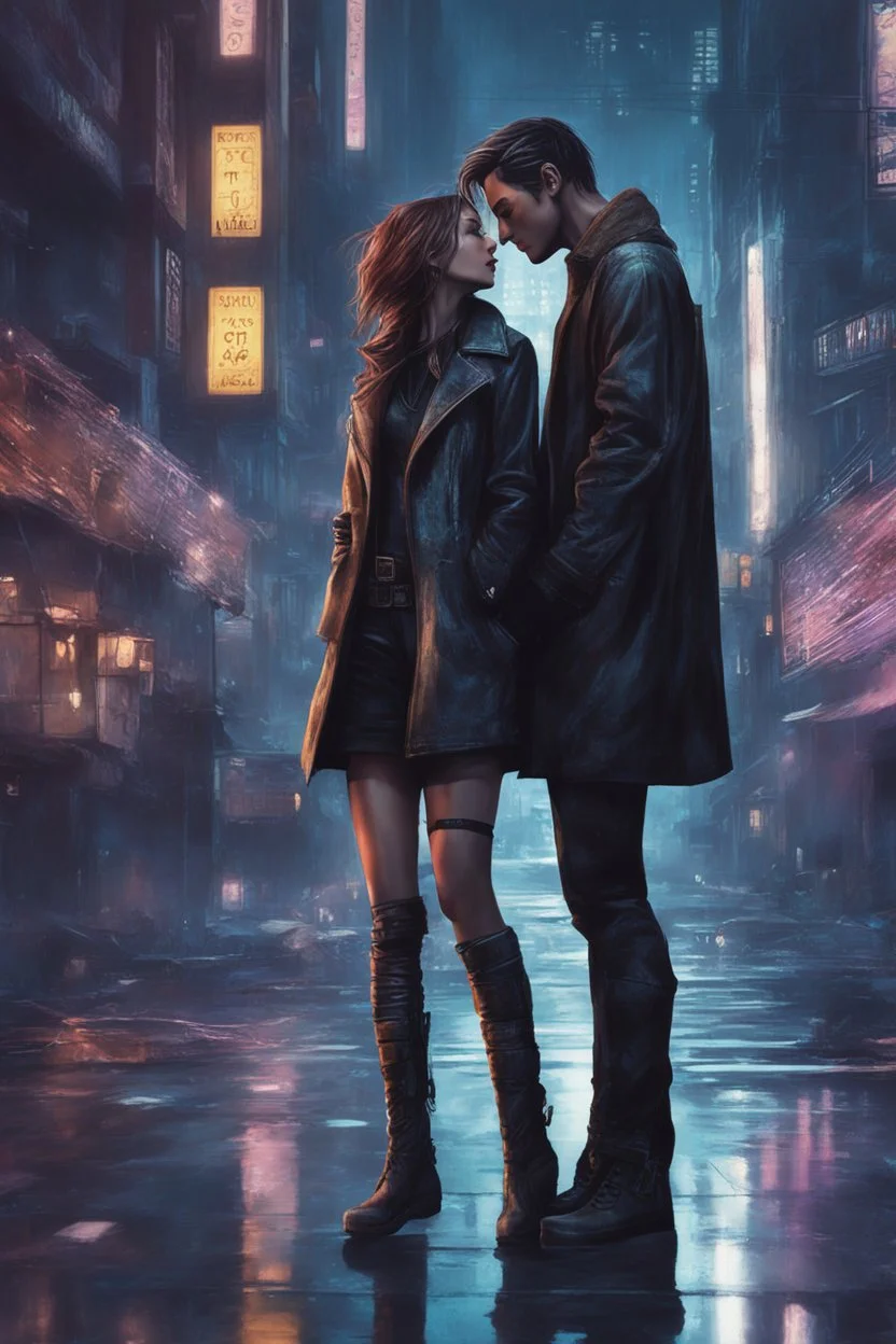 Science fiction, cyberpunk, city street, couple girl and guy, together, love at first sight, kiss in the rain