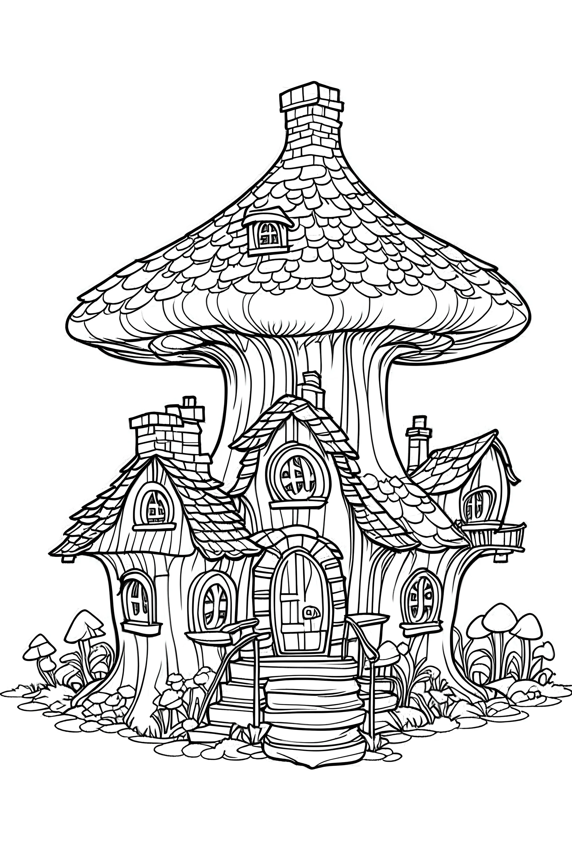 outline art for huge mushroom house coloring page for kids, white background, sketch style, full body, only use outline, cartoon style, clean line art, no shadows, clear and well outlined