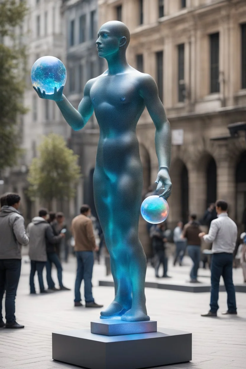 Статуя на улице. Голографический дисплей: Демонстрация трёхмерных моделей научных объектов молекул, планет, с которыми можно взаимодействовать при помощи жестов.