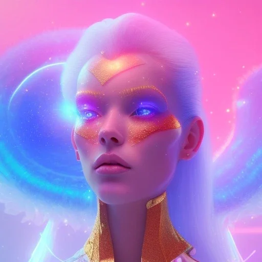 A portrait of a crystalised blue pink extraterrestrial, gold, diamonds, sunny background, atmospheric, realistic, unreal engine, 8k. Cinematic lighting, octane render.