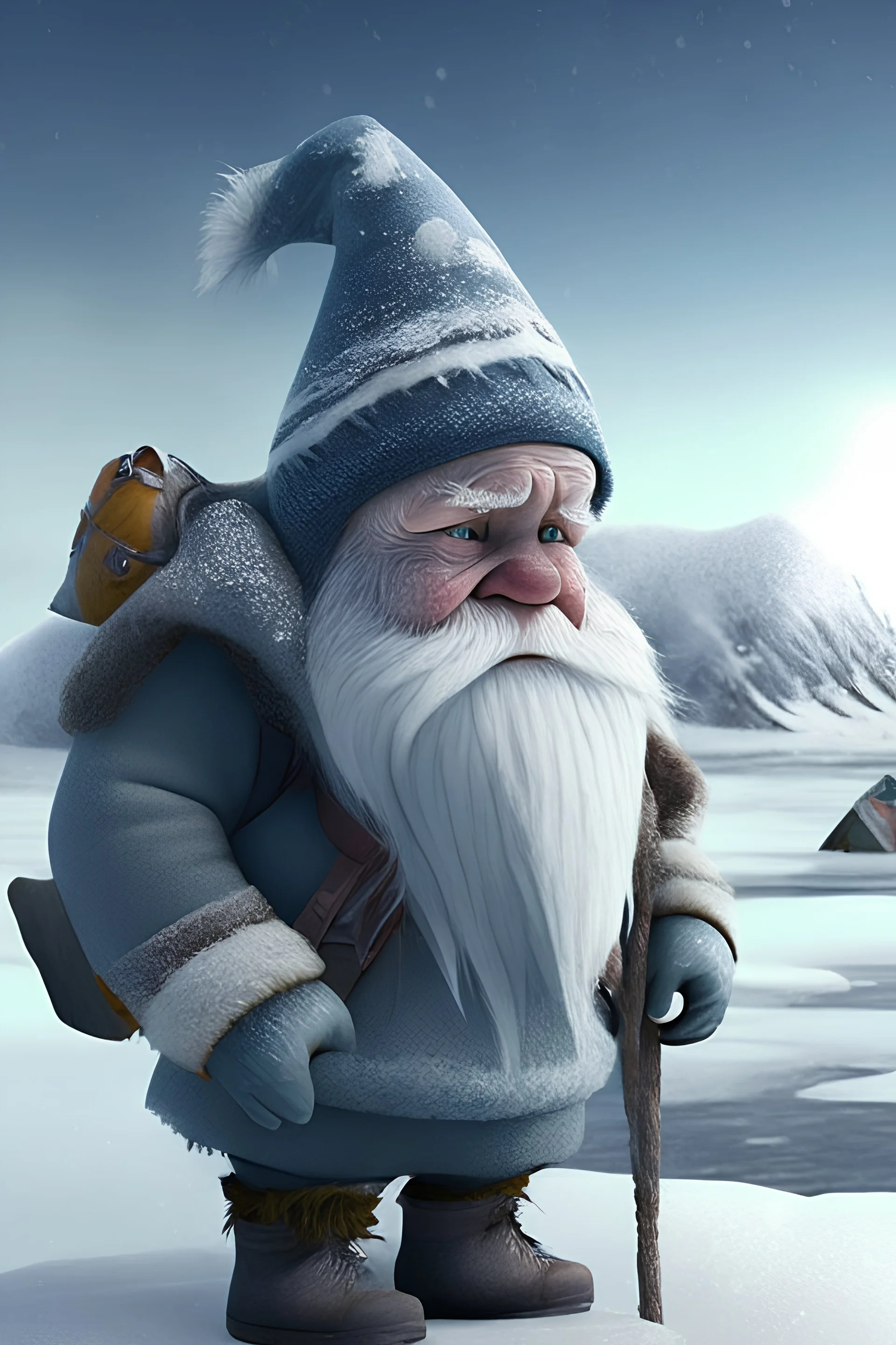 A middle-aged grey-skinned Gnome going through their midlife crisis and vacationing in the arctic. The background is of a frozen tundra.