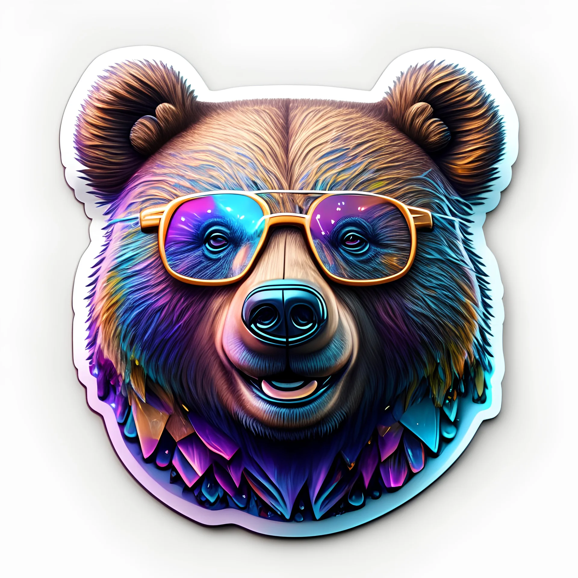 sticker on white background, 3d Head of a Bear with glasses, psychedelic, octane render, unreal engine 5, DMT art, funny, smiling