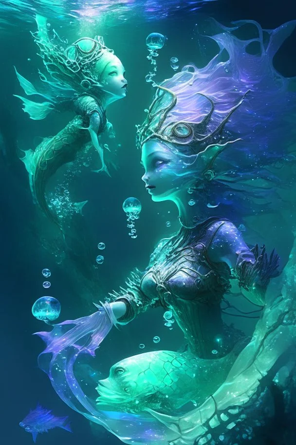 hybrid elf +Mermaid Diver, Weightless Swim, Bioluminescent Sea, Transparent Skin