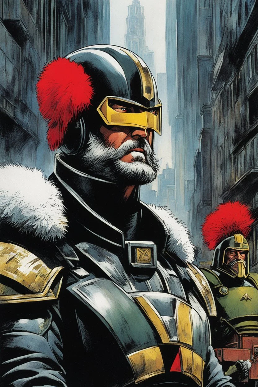 [2000 AD (1977)] The citizens of Mega City One couldn't believe their eyes. The stern and unyielding Judge Dredd had taken on the persona of the jolly old man from folklore. His typically stern expression softened beneath the fluffy white beard, and his usual helmet was replaced by a crimson hat adorned with a white pompom. Dredd, in his Santa Claus outfit, stood tall and resolute. His presence exuded an aura of warmth and goodwill, even as the weight of his duty remained unwavering. The citizen