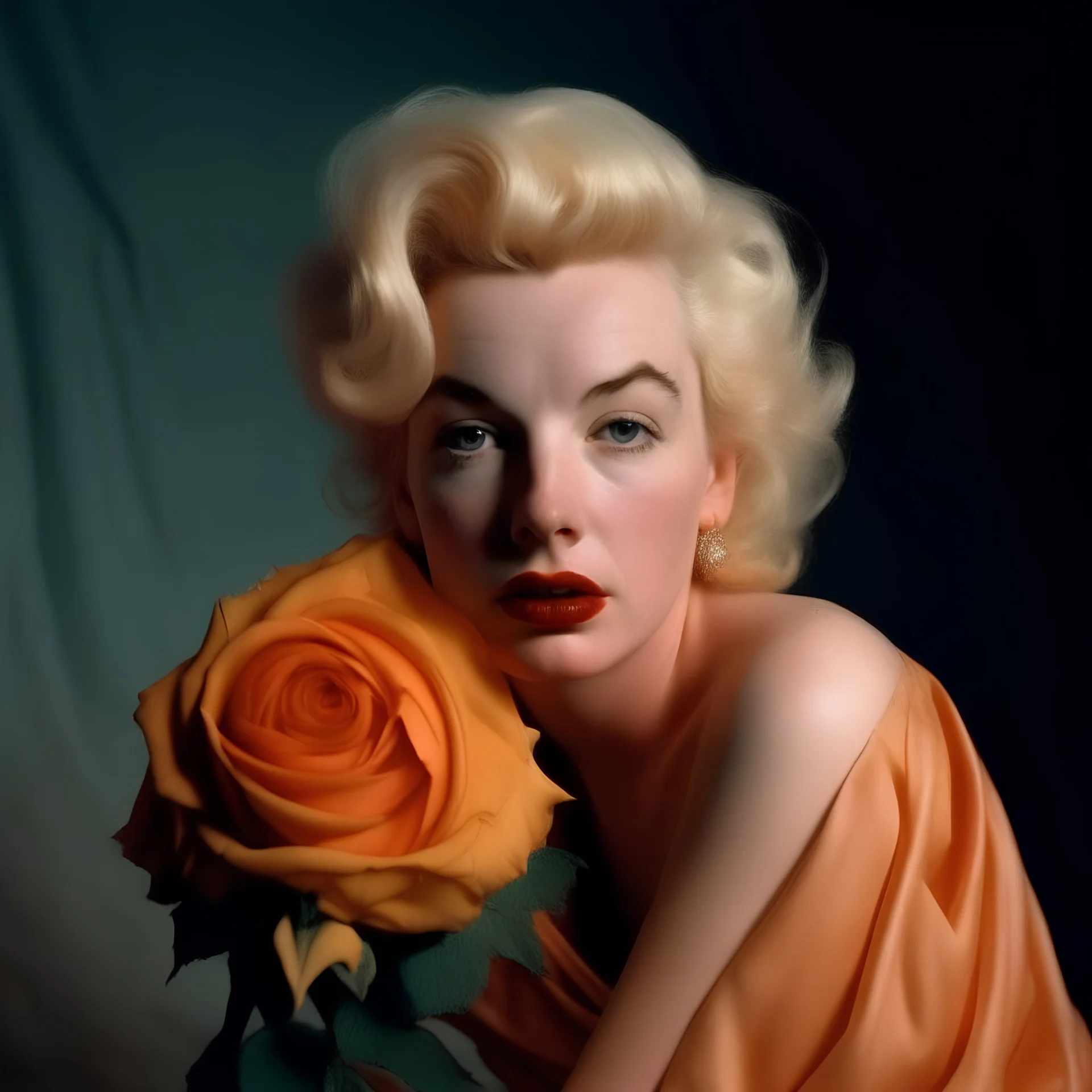 A photograph of sad childish marilyn monroe, head backwards , with a rose, , with spiky hair, no make up, in the style of milton greene, a pale orange silk scarf around her shoulders, white bacground, very soft lightning from à desk lamp
