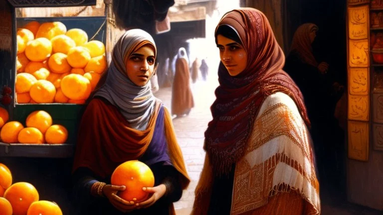 A full-length Palestinian girl wearing an embroidered dress and a white embroidered shawl buys oranges from an old seller wearing a keffiyeh in the market of Jerusalem, 100 years ago, at night with multi-colored lights reflecting on her.