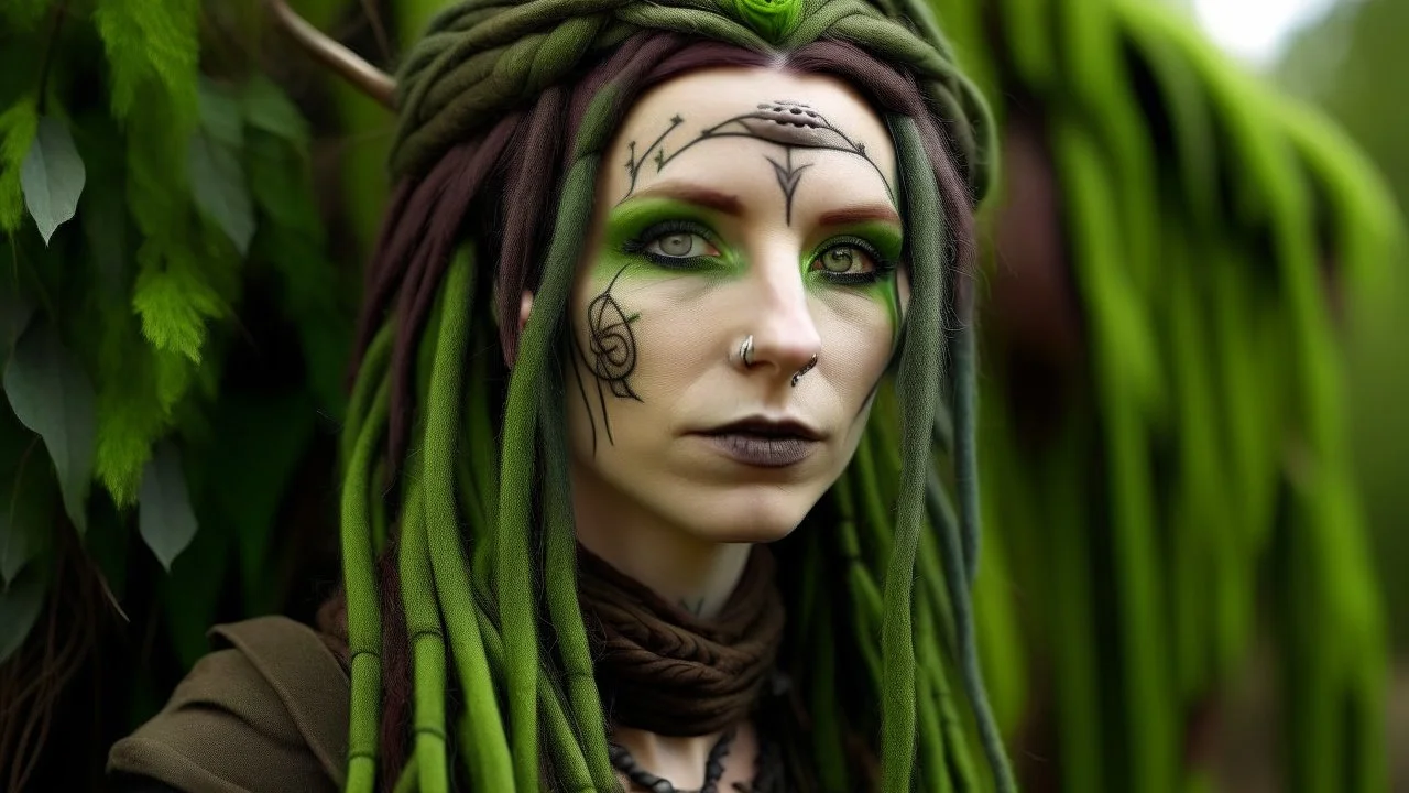 Clairethil's skin is dark brown and her monolid eyes are hazel. She has moss green hair and wears dreadlocks. She has high cheekbones and her ears are big. The background and surroundings of vines and grapes