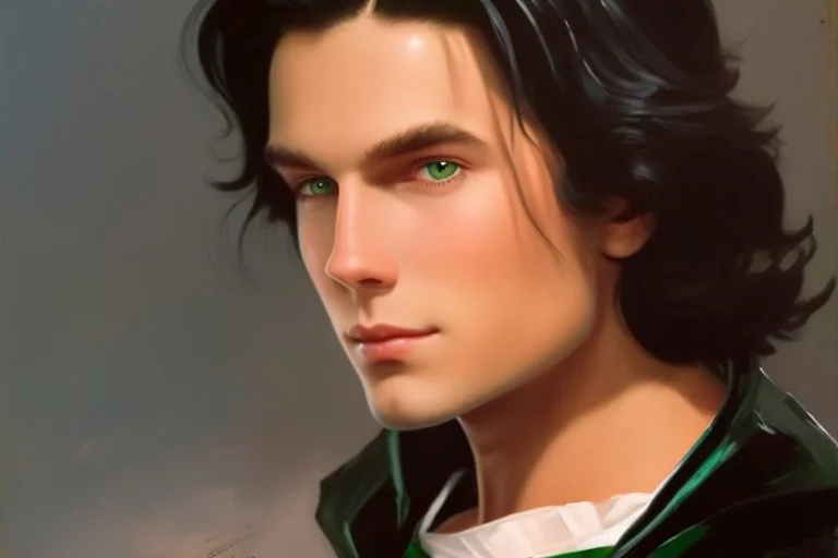 a young male with shoulder length black hair and green eyes, smirk