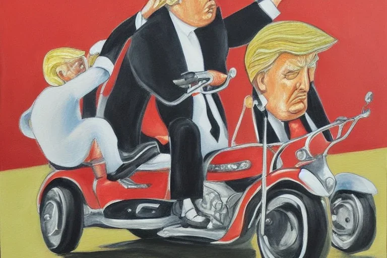 Painting, donald trump riding a tricycle