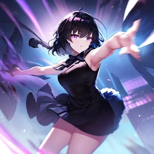 Clear focus,High resolution, Black short fluffy hair, and purple eyes, wearing a black outfit, must wear a short skirt, holding a glowing bow, fighting stance