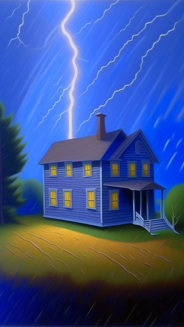 A light periwinkle haunted house in a lightning storm painted by Georges Seurat