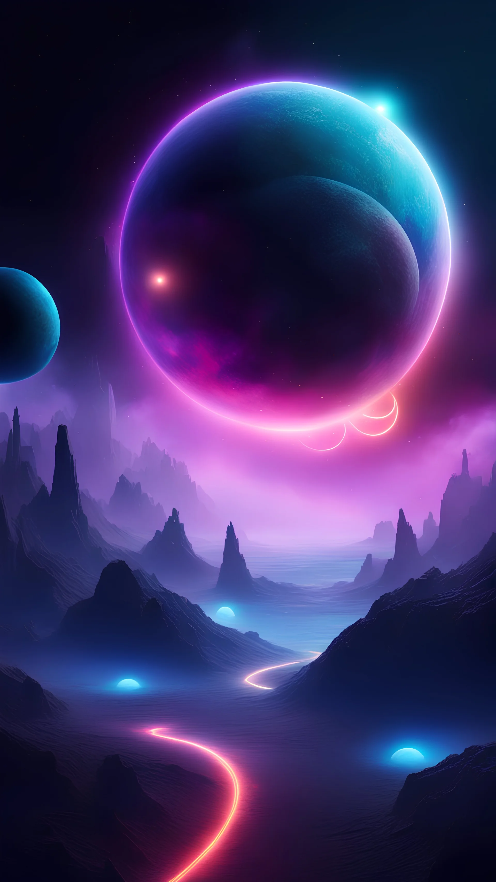 create space with multi verse planet wolrd,cinematic galaxy, neon light cosmic with motion fog at night